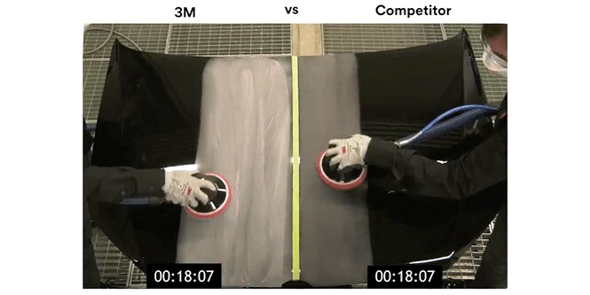 video demonstration comparing 3M™ Hookit™ Flexible Foam Abrasive to competitor product used on a car hood
