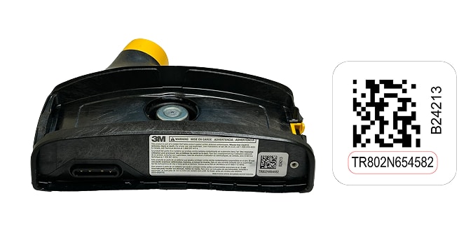 Image of 3M™ Versaflo™ TR-800 PAPR blower with image of the serial number required for a replacement

