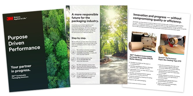 Three pages of a brochure with information on 3M™ Sustainable Packaging Solutions
