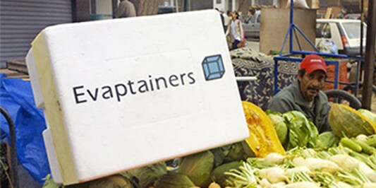A display of fresh vegetables alongside an Evaptainer
