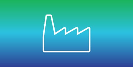 Icon of a factory, highlighting changes in manufacturing processes to minimise environmental impact.
