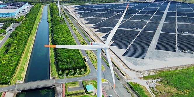 aerial view of wind and solar farm
