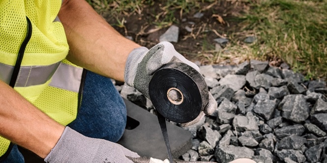 Person wearing a yellow safety vest & gray gloves holding a roll of black electrical tapes
