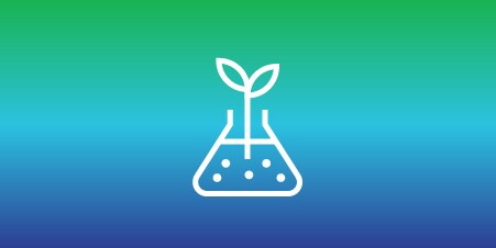 Icon of a flask with a leaf, representing material and product innovation for sustainability.
